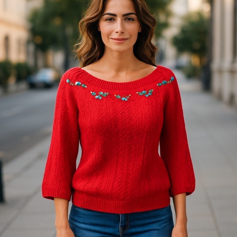 Vintage Monarch Knits -Red Open Knit Sweater Floral Embroidery Boho Cottagecore